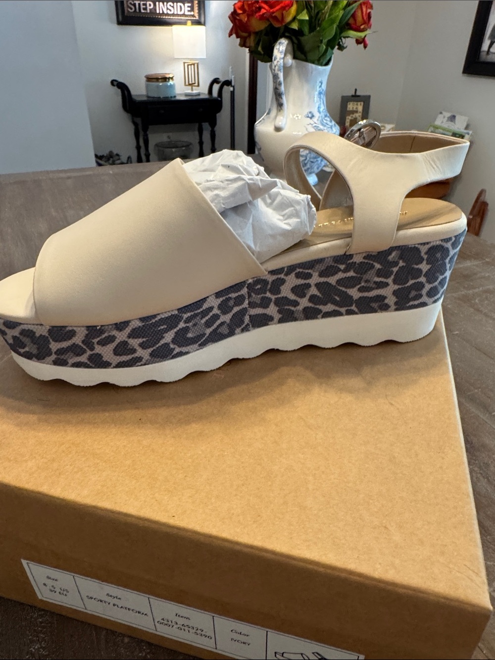 Wedge Sandal Platform in beige with grey canvas Leopard Trim - Women-NEW IN BOX